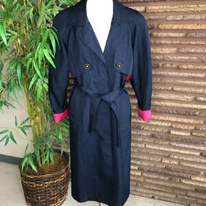 Neiman Marcus Navy Blue with Hot Pink Accents Trench Coat Raincoat